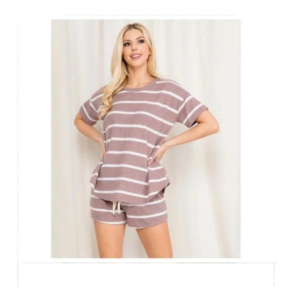 Mocha Short Sleeve Striped Top and Short Set  Sizes M-L-XL